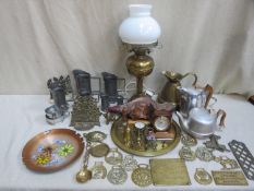 Large collection of various copper, pewter, and brass ware, various small clocks, Picquot ware, etc