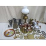 Large collection of various copper, pewter, and brass ware, various small clocks, Picquot ware, etc
