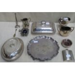 Parcel of silver plated ware including entree dish, spoon warmer, salver, wine coaster etc