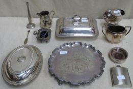 Parcel of silver plated ware including entree dish, spoon warmer, salver, wine coaster etc