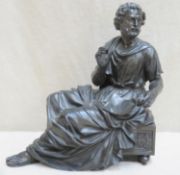 19th century bronze figure depicting a seated classical philosopher, wearing a robe, with scroll and