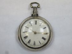 Early 19th century hallmarked silver pear cased pocket watch, with enamelled circular dial, roman