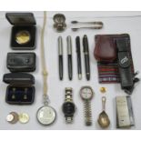 Sundry lot including 9ct gold stud, parker and other pens, watches, coinage etc