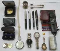 Sundry lot including 9ct gold stud, parker and other pens, watches, coinage etc