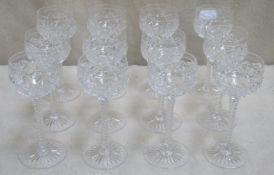 Set of Twelve decorative stemmed HOCK glasses, stamped "S" to underside, possibly Stuart. Approx.