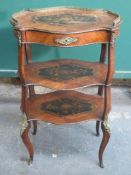 19th century French style three tier etagere, with ormolu mounted gallery to top and floral inlay