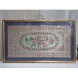 Large vintage framed silk panel, decorated with needlework depicting a vase of flowers, in the