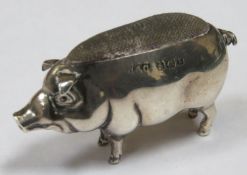 Hallmarked silver pig form pin cushion, Birmingham assay dated 1906, makers mark worn, possibly