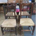 Four various 19th century rush seated ladder back chairs, all on stretchered supports
