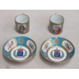 Pair of 18th century Sevres cabinet cups and saucers, hand painted and gilded throughout with panels