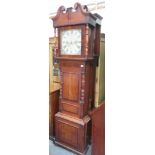 Oak and mahogany cased longcase clock, with handpainted and enamelled dial, by R. Roberts, Bangor,