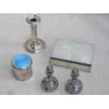 Mixed lot of silver items including ashtray, onyx cigarette box, overlaid decanters, single
