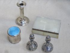 Mixed lot of silver items including ashtray, onyx cigarette box, overlaid decanters, single