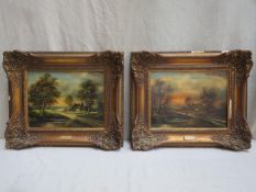 Horst Baumgart (German, 1932), pair of gilt framed oil on canvases depicting dawn and dusk landscape