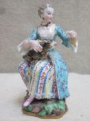 Meissen 19th century figure of a seated lady with cat on her lap, for restoration. Approx. 12cm high