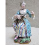 Meissen 19th century figure of a seated lady with cat on her lap, for restoration. Approx. 12cm high