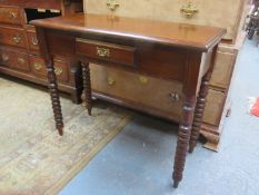 20th century mahogany single drawer hall table, on bobbin supports, Approx. 76cm H x 92cm W x 44cm D