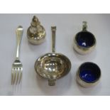Small parcel of silver items including tea strainer, fork plus cruet items