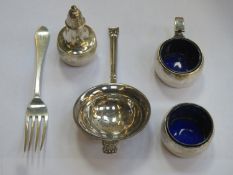 Small parcel of silver items including tea strainer, fork plus cruet items