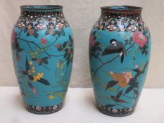 Pair of 19th century Japanese cloisonne vases, decorated with birds, butterflies and floral