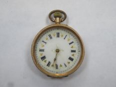 Pretty 14k gold fob watch with gilded and enamelled circular dial, roman numerals and engraved