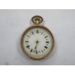 Pretty 14k gold fob watch with gilded and enamelled circular dial, roman numerals and engraved