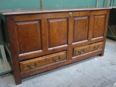 19th century panelled oak coffer, fitted with two drawers below, Approx. 80 H x 152 W x 50cm D