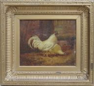 19th century gilt framed oil on panel depicting a rooster and hens in a barnyard scene, signed