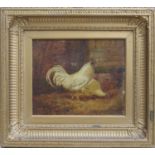 19th century gilt framed oil on panel depicting a rooster and hens in a barnyard scene, signed