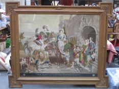 Large Victorian tapestry depicting Sir Francis Egertons Hawking Party, within relief floral