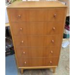 Vesper by Gimson and Slater mid 20th century teak chest of five drawers. Approx. 111cm h x 64cm w