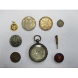 1938 DUTCH 2.5 GUILDER, 1913 GERMAN FIVE MARK COIN AND OTHER ITEMS INCLUDING ENAMELLED BADGE, SILVER