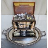 Large oval two handled silver plated serving tray, plus various plated flatware including