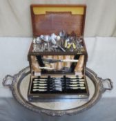 Large oval two handled silver plated serving tray, plus various plated flatware including