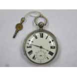 Victorian hallmarked silver pocket watch, with enamelled circular dial, roman numerals, and engraved