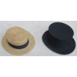 Vintage straw boater by superior finish plus vintage folding top hat. Approx. 58cm circumference (