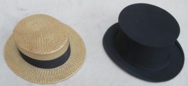 Vintage straw boater by superior finish plus vintage folding top hat. Approx. 58cm circumference (