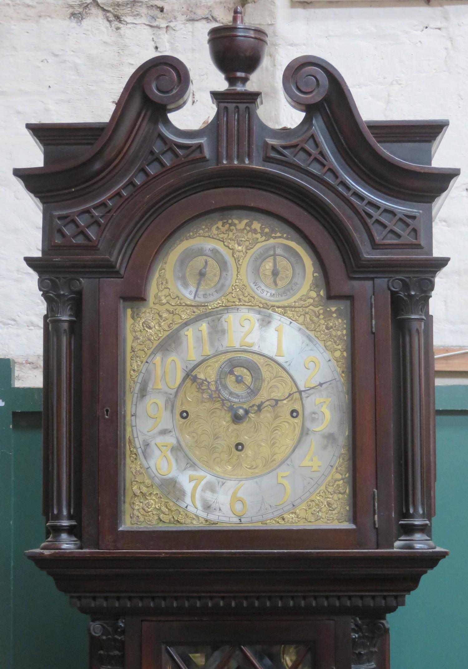 Mahogany cased longcase clock, with ornately ormolu mounted brass dial, silvered numeral chapter - Image 5 of 6