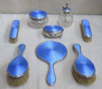 Hallmarked silver and guilloche enamelled Eight piece dressing table set by Walker and Hall,