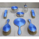 Hallmarked silver and guilloche enamelled Eight piece dressing table set by Walker and Hall,