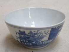 18th/19th century oriental blue and white glazed ceramic bowl, with character marks to base. Approx.