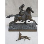 19th century bronze figure group depicting a female equestrian on horseback with hound. Approx. 22.