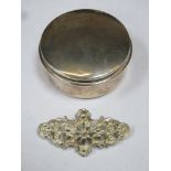 Hallmarked silver cylindrical storage box with cover. Approx 61.2g. Also white metal piercework