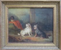 19th century gilt framed oil on canvas depicting terriers, unsigned. Approx. 19 x 24cm