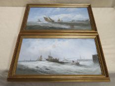 Pair of Victorian style framed oil paintings depicting a various sailing boats on stormy waters,