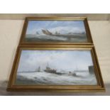 Pair of Victorian style framed oil paintings depicting a various sailing boats on stormy waters,