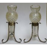 Pair of facet cut pineapple shaped glass vases, within hallmarked silver supports, Sheffield assay