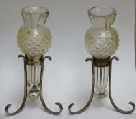 Pair of facet cut pineapple shaped glass vases, within hallmarked silver supports, Sheffield assay