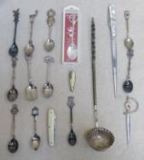 Victorian unhallmarked silver coloured and horn handled ladle. Plus souvenir spoons, letter knife