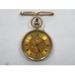 Pretty 9ct gold French style ladies fob watch, with floral decorated circular dial, roman